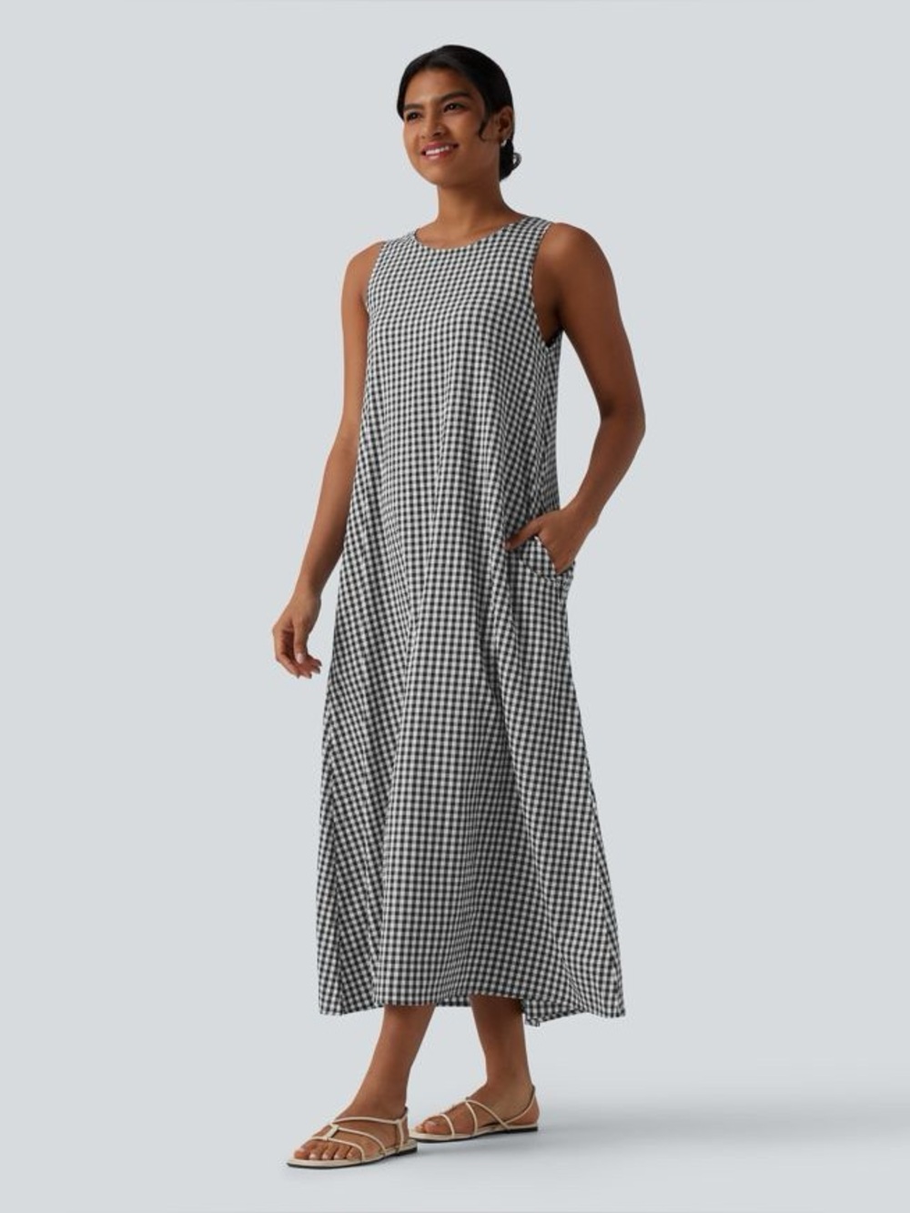 Halara Round Neck Sleeveless Midi Crinkle Gingham Casual Tank Dress Pockets L